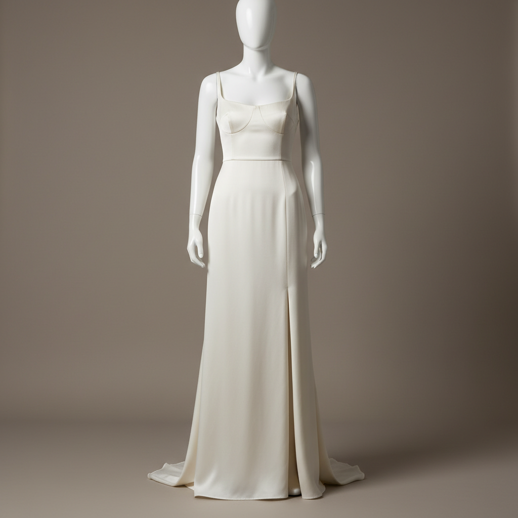 A full-length, ivory silk crepe gown displayed on a sleek, headless mannequin in front of a seamless warm-grey backdrop. The dress features an architectural bodice with subtle paneling, a clean column silhouette, and a precisely cut side slit. The silk’s surface shows a gentle, matte sheen with delicate, natural folds cascading toward the floor. Soft directional studio lighting from the left creates elegant highlights along the seams and casts a refined shadow to the right, emphasizing proportion and drape. Photographic realism with a slightly low angle and centered composition gives the gown quiet authority. The overall mood is sophisticated, minimal, and contemporary, perfectly suited for a fashion portfolio showcasing finished garments and construction detail in a professional, gallery-like setting.