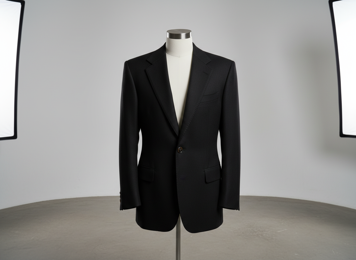 A meticulously tailored black wool blazer on a matte white dress form, the fabric showing a subtle twill texture and sharp, sculpted shoulders. Fine hand-stitching is visible along the lapel edge and pockets, with a single polished horn button centered. The mannequin stands in a minimalist studio with smooth concrete flooring and a seamless light grey backdrop, free of decorative elements. Soft, even studio lighting from both sides creates gentle, precise shadows that emphasize construction and fit. Photographic realism, shot at eye level with a medium focal length, keeps the entire garment in crisp focus while the background falls slightly out of focus. The mood is sophisticated, calm, and professional, ideal for a fashion design portfolio hero image that highlights craftsmanship and design detail.